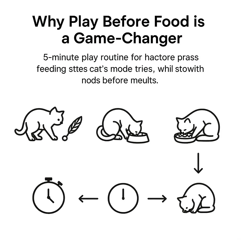 Clean educational illustration of a cat play routine before meals, explaining why play before food is beneficial.