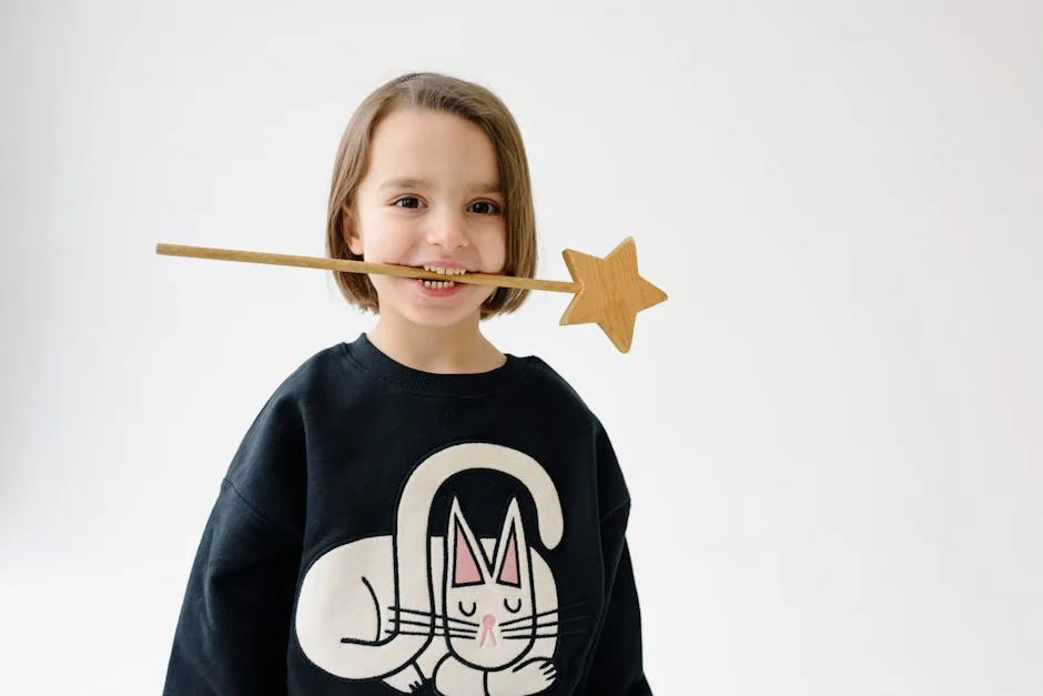 A young girl smiling, wearing a gray cat-themed sweatshirt, holds a wooden star wand toy against a white background.