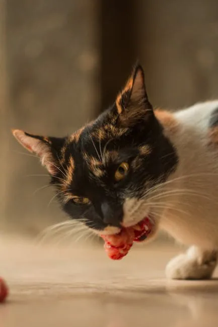 Close-up of a calico cat eating a chunk of raw red meat outdoors.