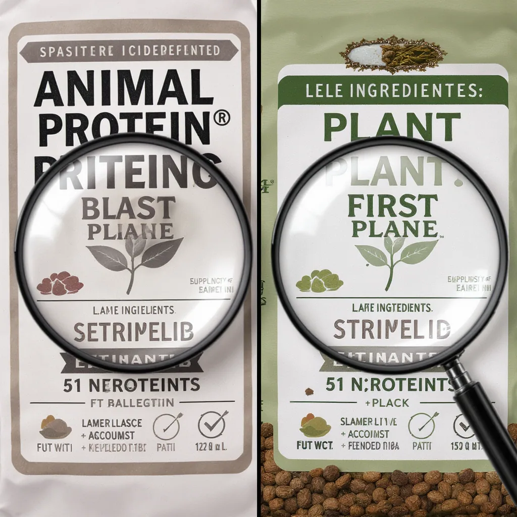 Illustrated comparison of two cat food labels, one listing animal protein first and the other plant protein first, with a magnifying...