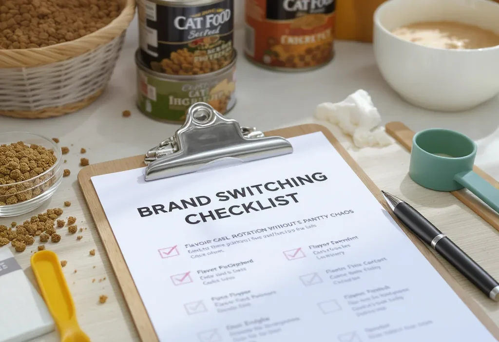 A checklist for switching food brands while rotating flavors to organize your pantry.