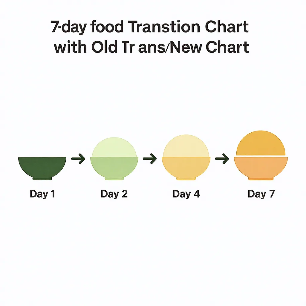 An illustration of a simple infographic depicting a 7-day food transition chart, with two bowls visually blending from old to new food.