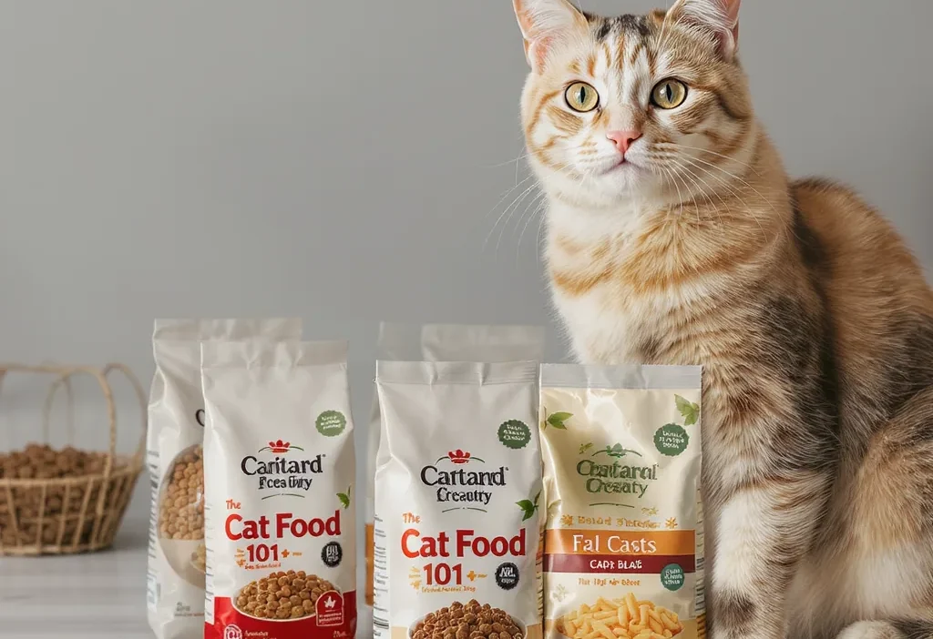 Close-up of a cat food label showing guaranteed analysis, ingredients list, and nutritional claims.