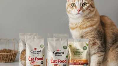 Close-up of a cat food label showing guaranteed analysis, ingredients list, and nutritional claims.