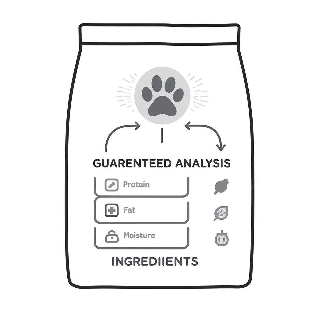 Illustration of a cat food bag label with lines connecting the front claims, guaranteed analysis table, and ingredients list.