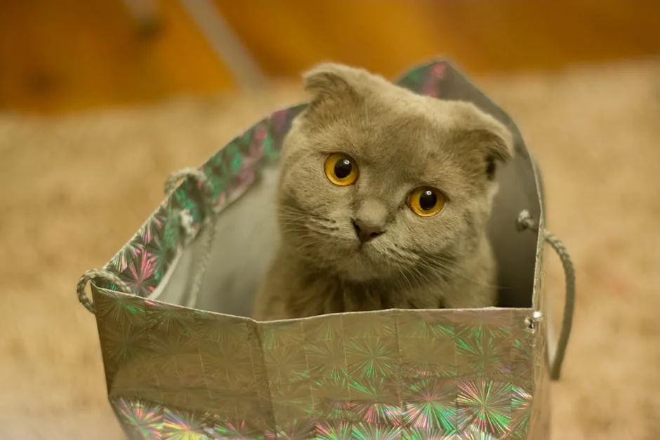 A gray Scottish Fold cat with folded ears looks out from the opening of a silver gift bag.