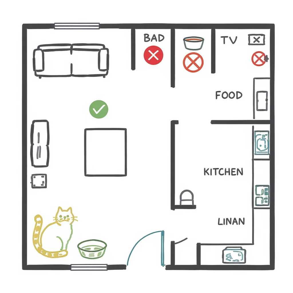 A home layout diagram of a living room and kitchen, indicating proper and improper spots to place a cat's water bowl.