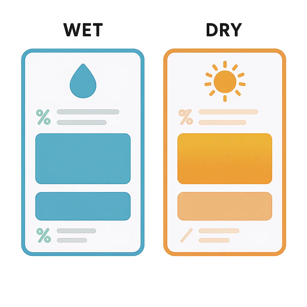 Illustrated side-by-side comparison of wet and dry cat food packaging labels, highlighting the dry matter basis nutrient percentages.
