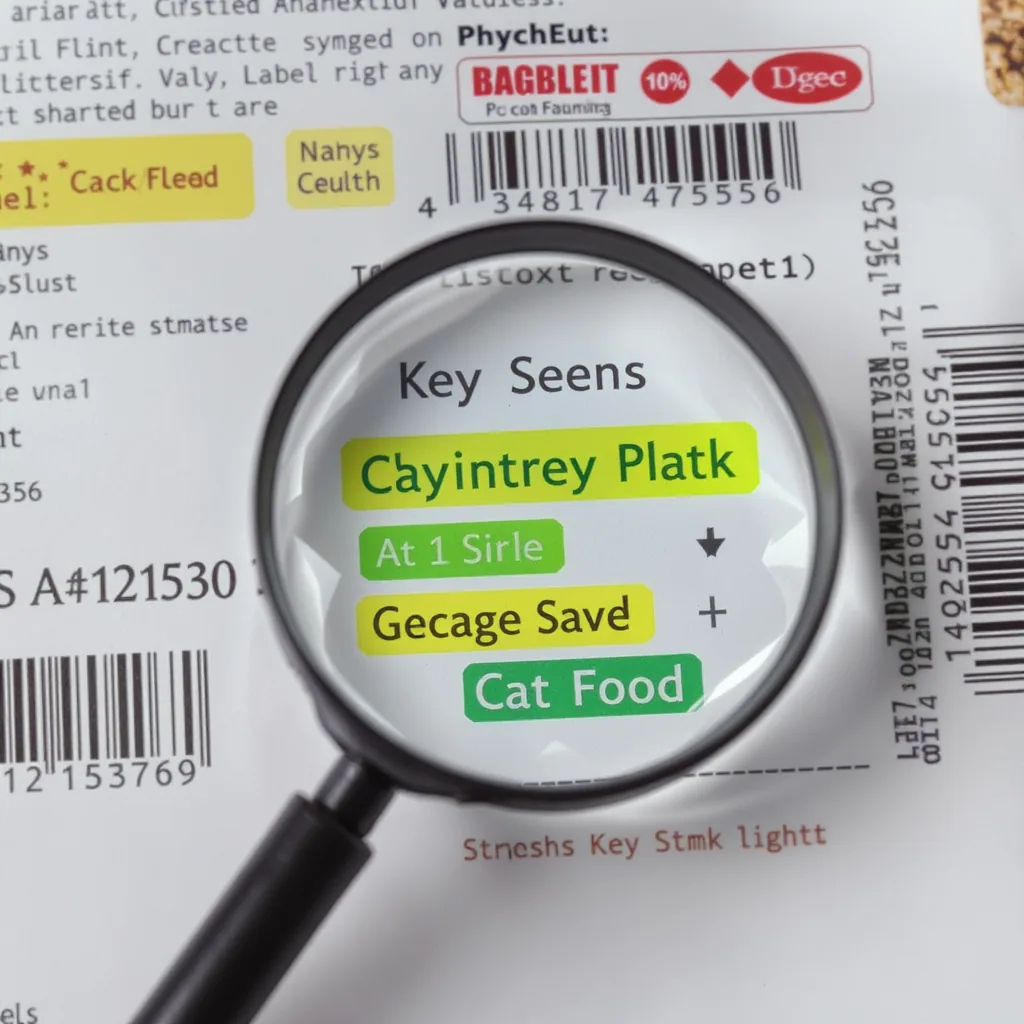 Illustration of a magnifying glass hovering over a cat food label, with specific words brightly highlighted.