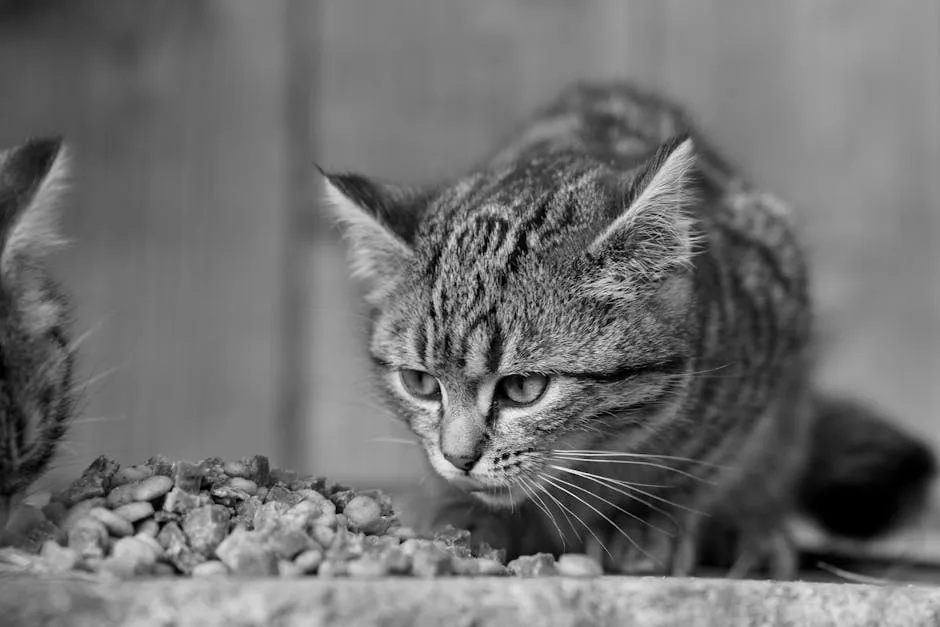 Black and white photo of a tabby cat eating a treat from a person's hand.