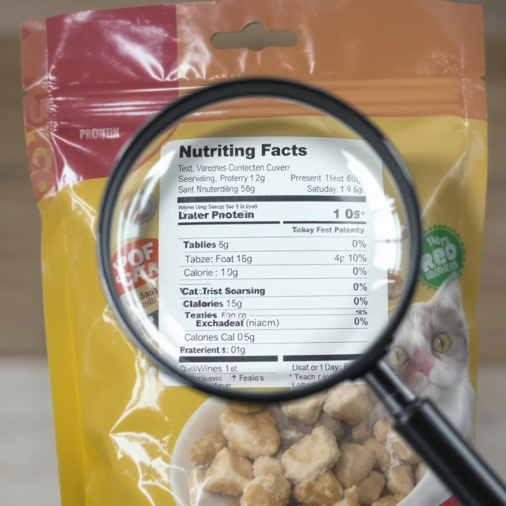 Illustration of a magnifying glass over a cat treat bag label, with callouts pointing to the protein content, calorie count, and...