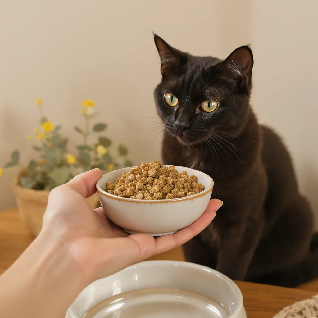 An illustration of a person's hand offering a bowl of wet food to a relaxed cat, with a water bowl in the foreground.