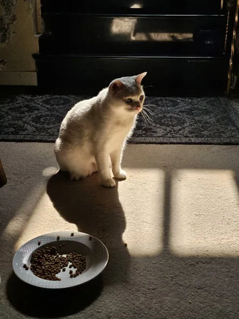 White cat on a carpet looking at a bowl of dry cat food in sunlight.