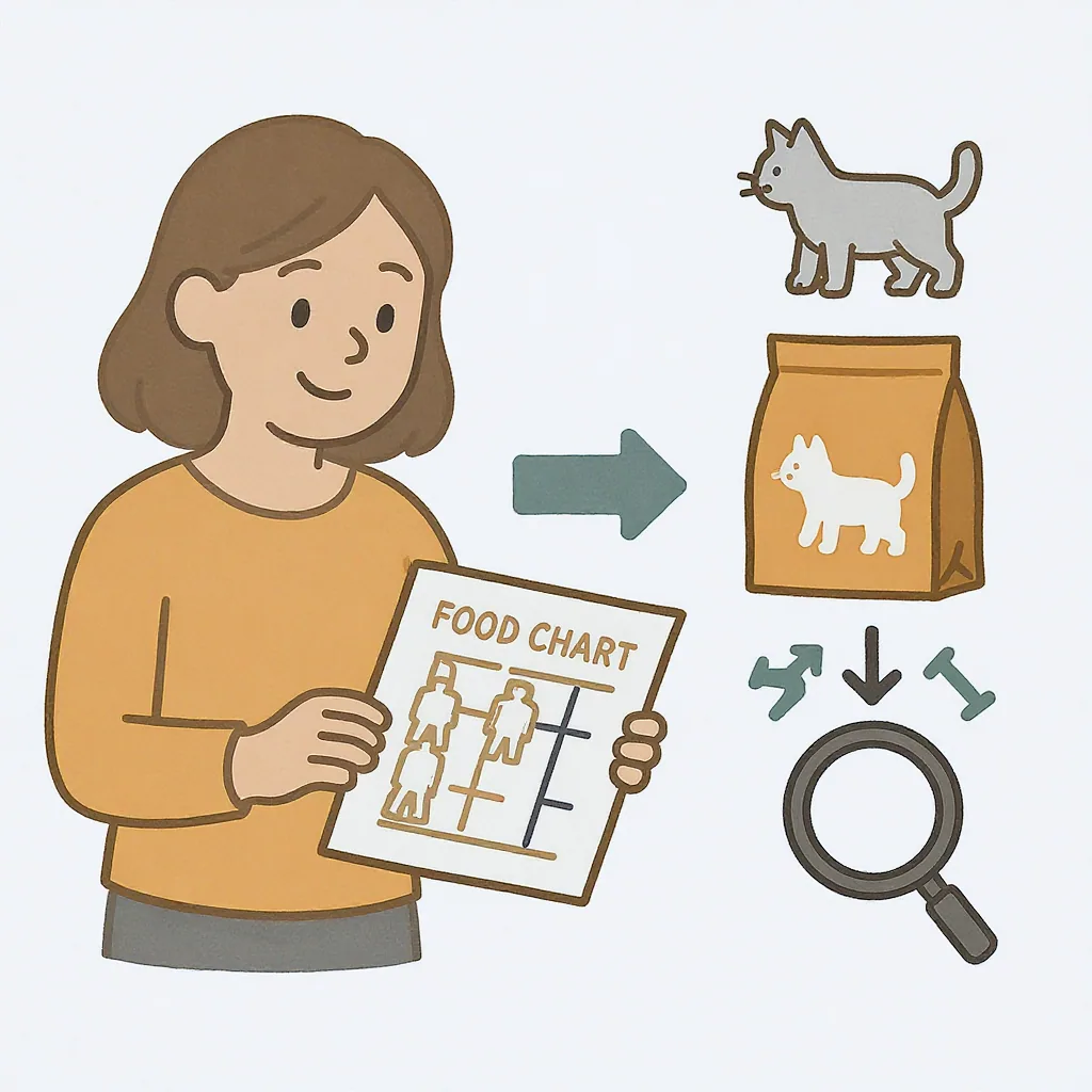 Illustration of a person looking at a cat food bag's feeding chart, which includes icons for body condition, life stage, activity...