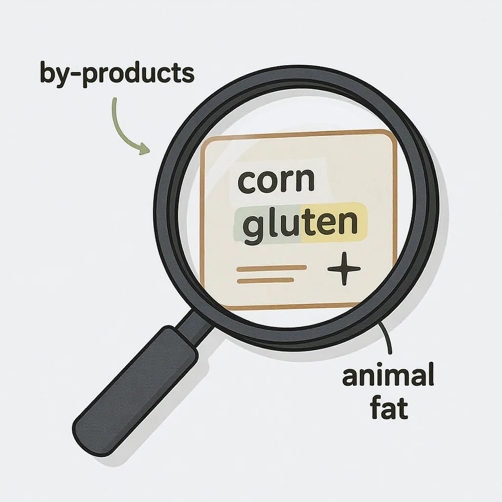A stylized illustration of a magnifying glass inspecting a cat food label, with callouts highlighting ingredients like by-products and...
