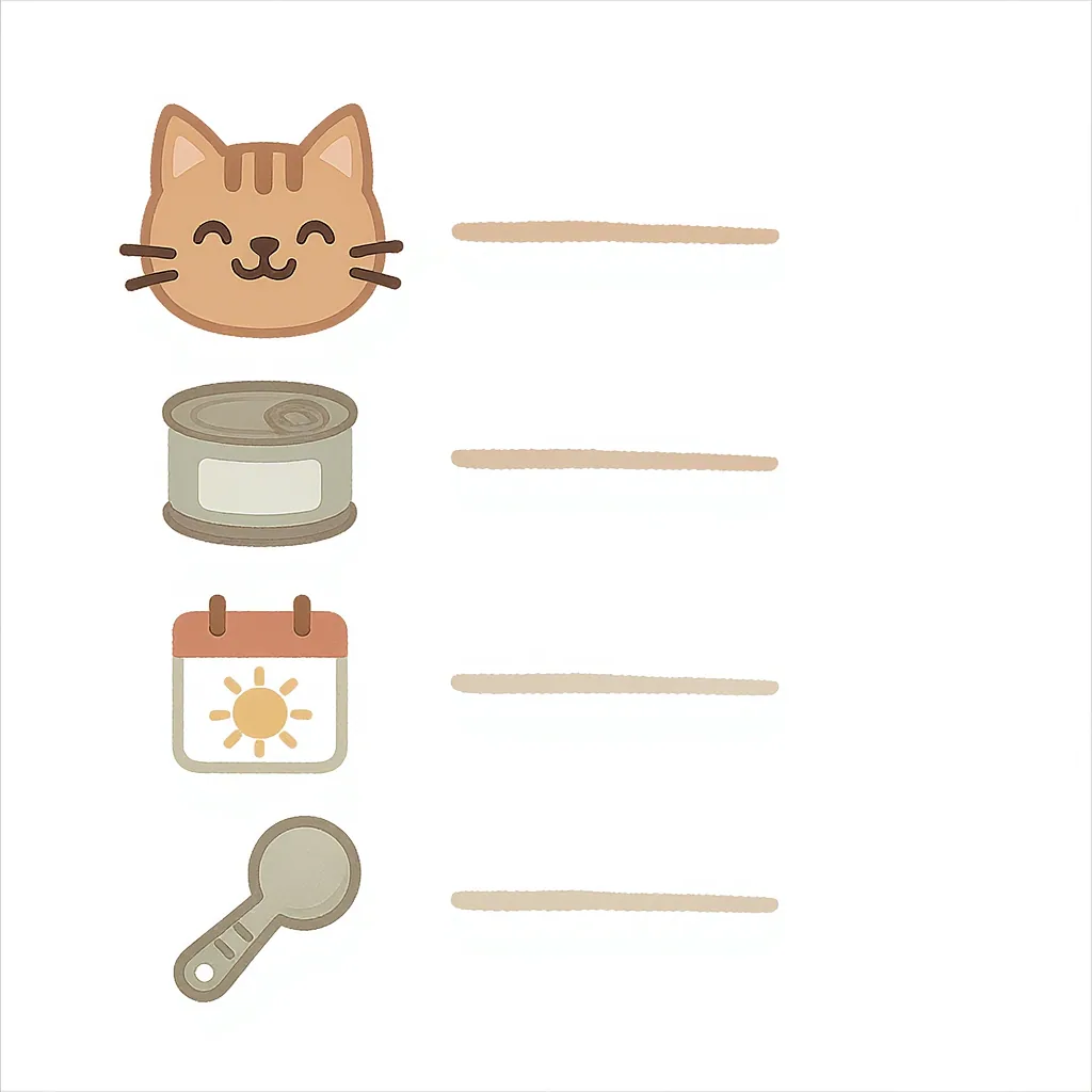 An illustrated checklist with icons of a cat, a can of tuna, a calendar, and a measuring spoon.