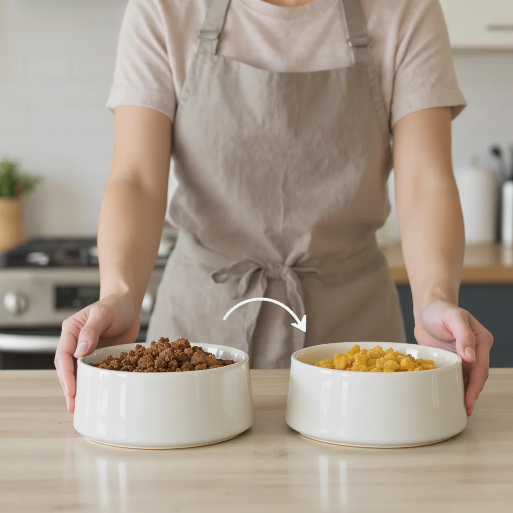 Illustration of a person calmly preparing two bowls of cat food with different colored contents, showing a planned meal rotation.