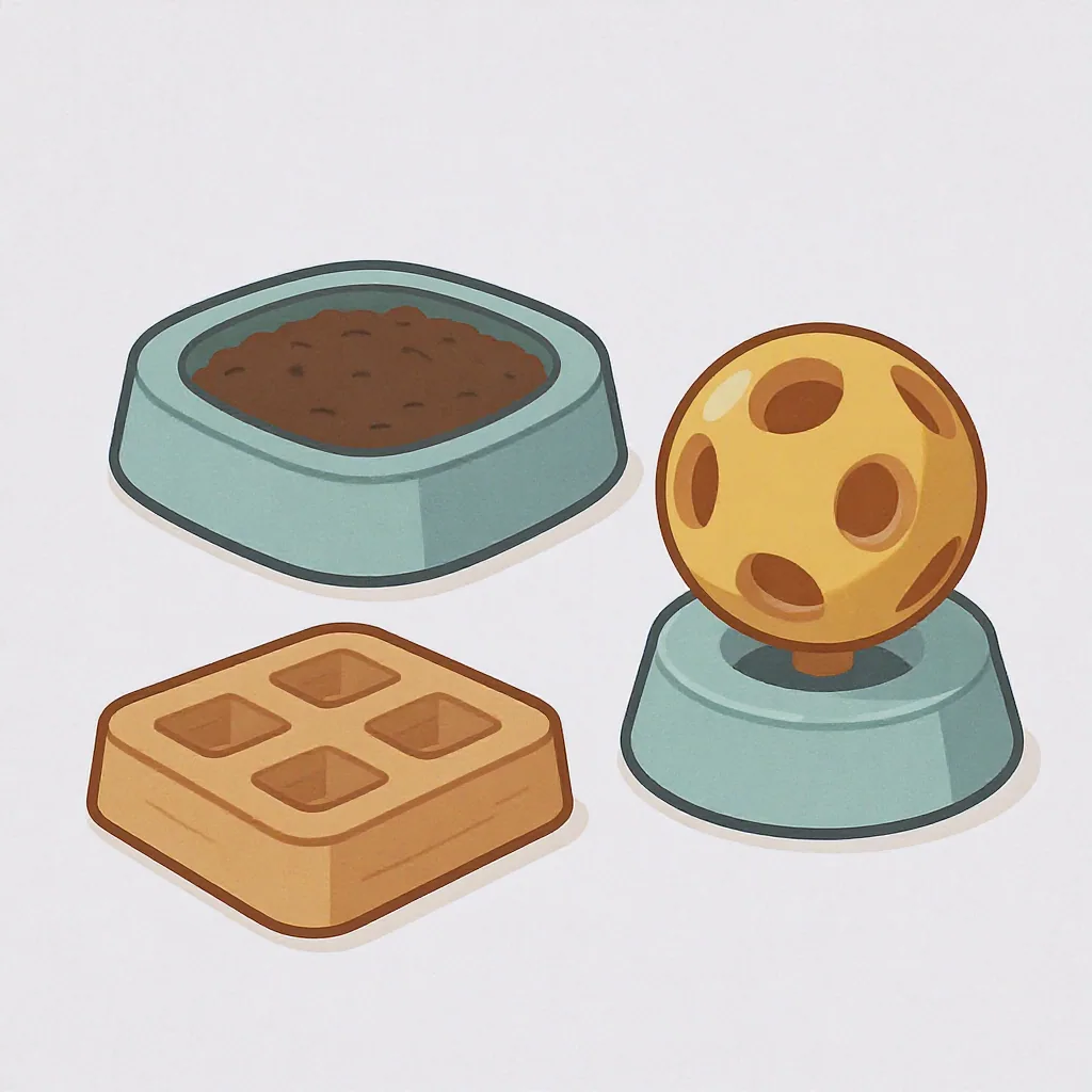 A stylized illustration of a snuffle mat, a ball, and a wobbler cat puzzle feeder on a neutral background.