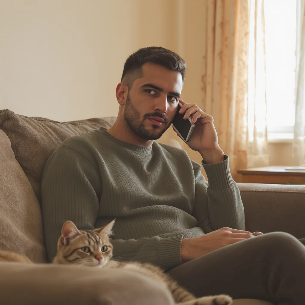 Illustration of a calm person with a concerned look speaking on the phone to a vet, with a cat resting nearby.