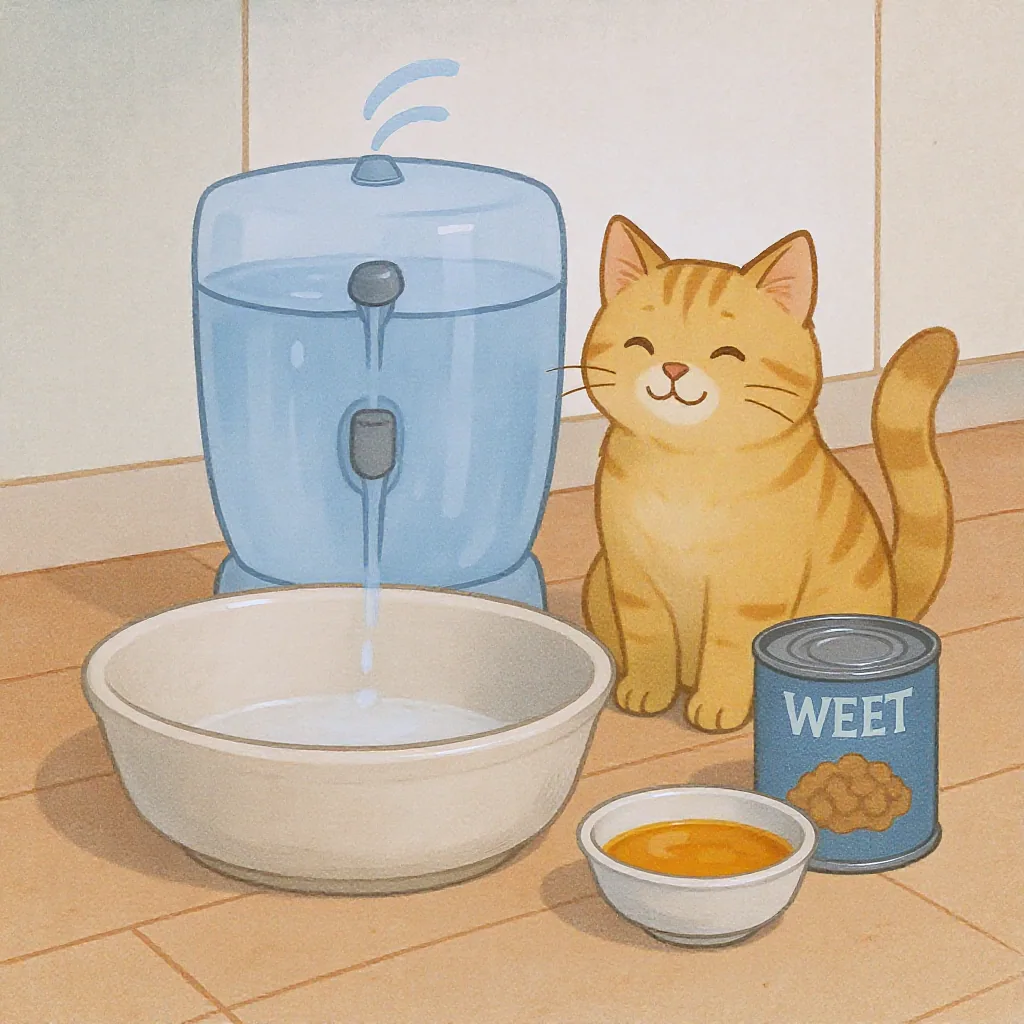 A realistic illustration of a cat's hydration items: a water fountain, ceramic bowl, can of wet food, and dish of broth.