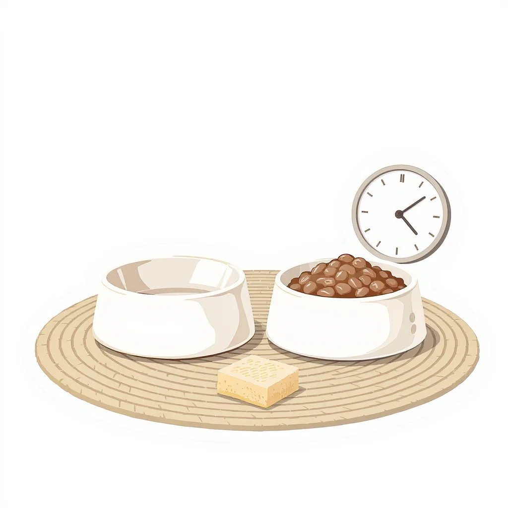Illustration of two cat bowls on a mat, one empty and one with wet food, next to icons of a clock and a sponge.