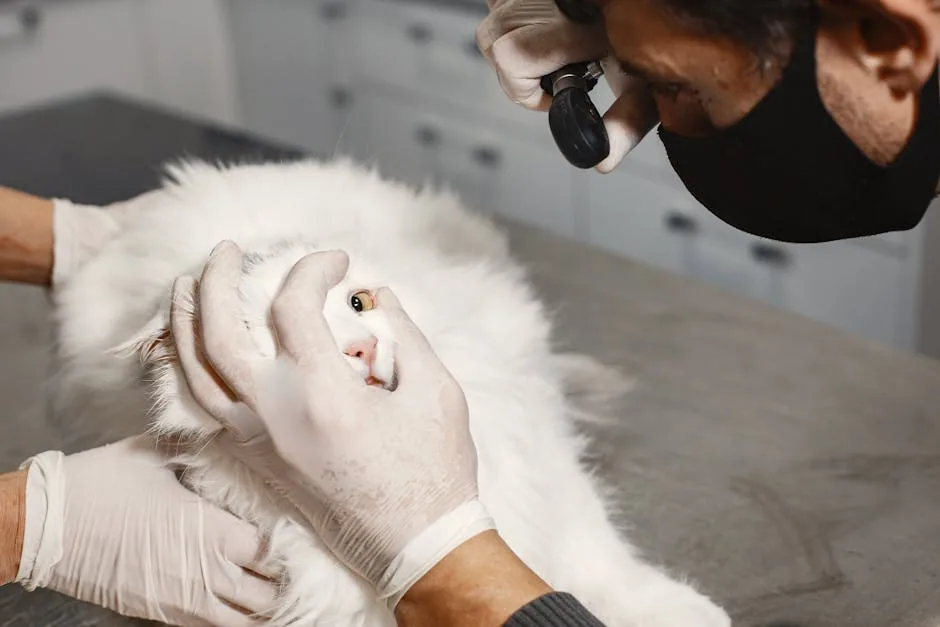 A veterinarian in blue scrubs checks the eye of a white Turkish Angora cat on an exam table.