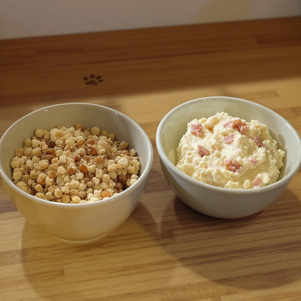 Illustration of two cat food bowls containing a mix of old and new kibble for a gradual dietary transition.