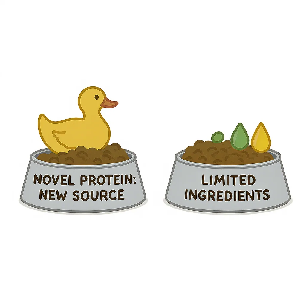 Side-by-side illustration of two cat food bowls; one is labeled 'Novel Protein: New Source' with a duck icon, the other 'Limited...