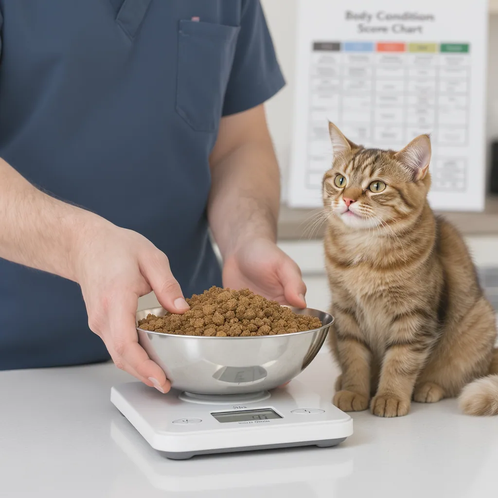 Illustration of a person using a kitchen scale to weigh cat food next to a happy cat, with a body condition score chart on the wall.