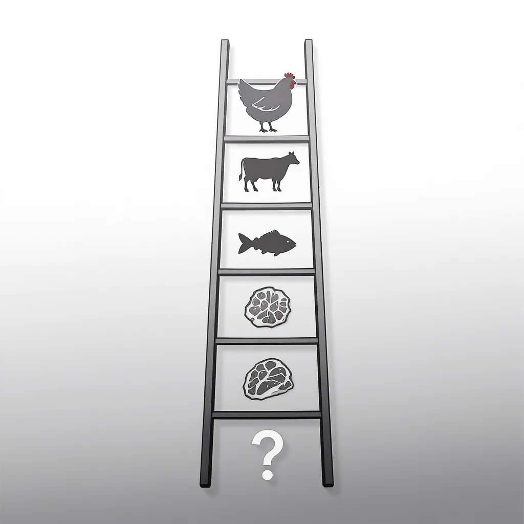 A clean illustration depicting a spectrum of cat food protein sources, from named meats like chicken down to vague by-products, with...