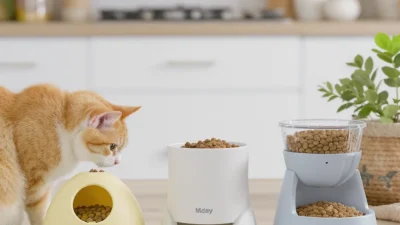 Dog using a puzzle feeder with difficulty level guide showing beginner, intermediate, and advanced settings