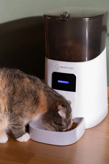 A domestic cat with a white and orange coat interacts with a blue plastic puzzle feeder on a wooden floor.