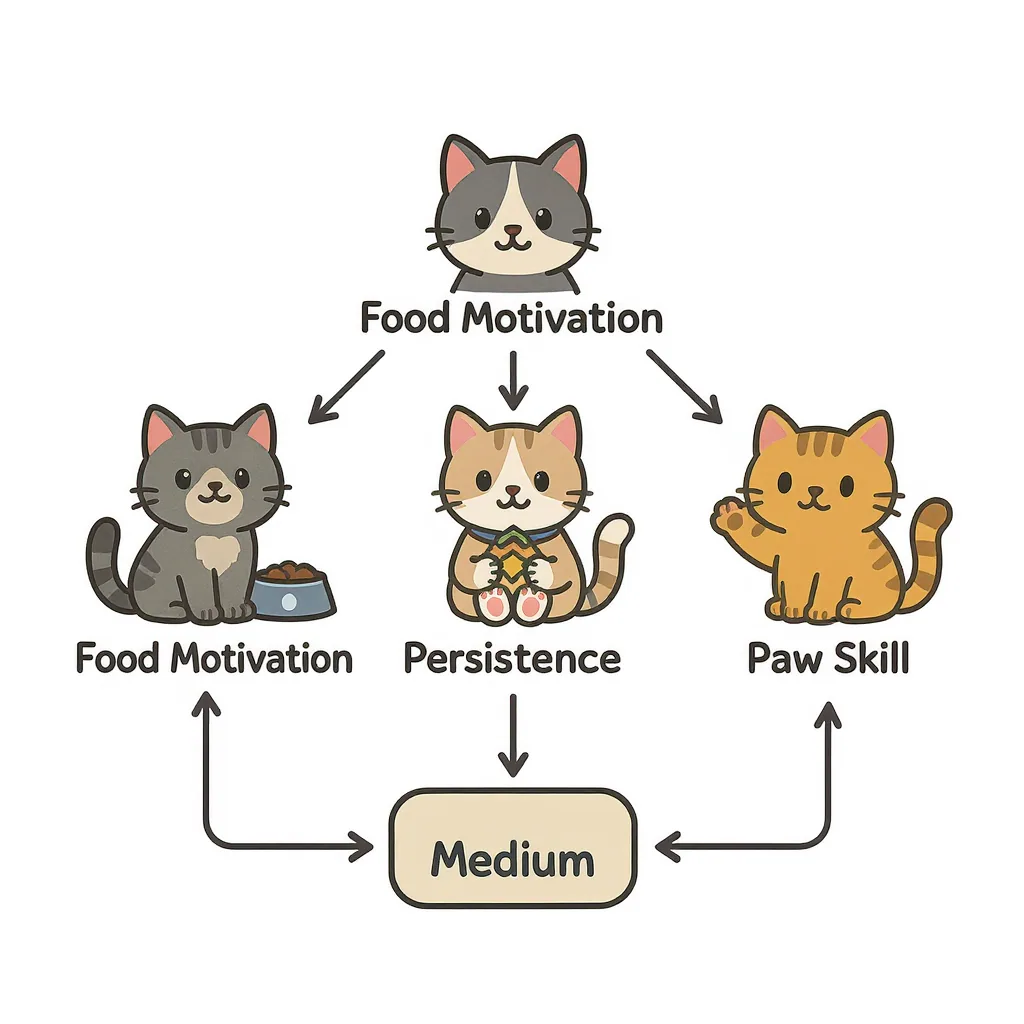 Illustrated flowchart with cat icons for Food Motivation, Persistence, and Paw Skill pointing to Easy, Medium, and Hard levels.