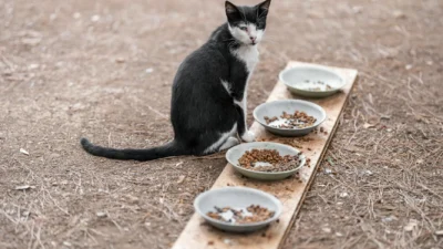 Senior cat eating from a bowl of specialized food with ingredients like glucosamine and taurine visible.