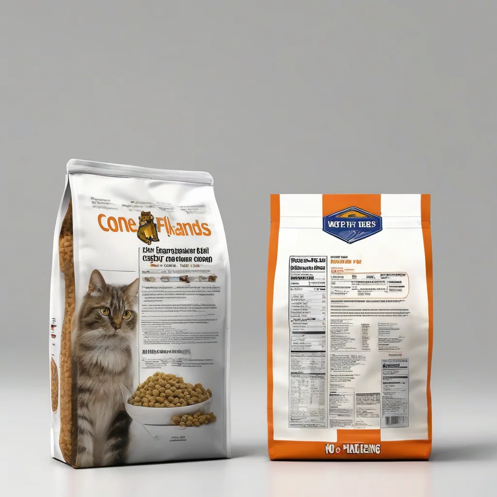 Illustration showing two cat food bags side by side: one with helpful nutritional claims highlighted, the other with vague marketing terms.