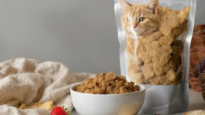 Close-up of a dog treat bag with a simple ingredient list, highlighting single-ingredient pet snacks.