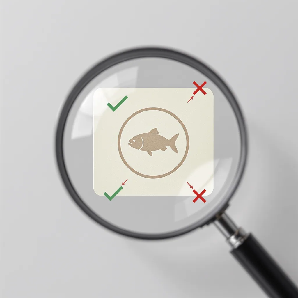 A magnifying glass hovers over a stylized pet treat label with 'INGREDIENTS: SALMON' text, marked with green checks and red X's.