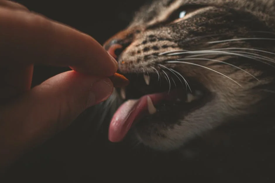Close-up photo of a tabby cat eating food from a human hand, showing detailed whiskers and fur texture.