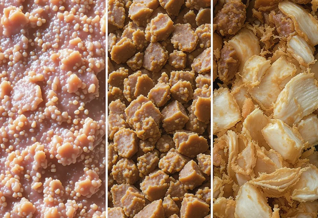 Comparison of cat food textures: smooth pâté, meaty chunks, and fine shreds in bowls.