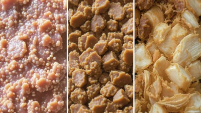 Comparison of cat food textures: smooth pâté, meaty chunks, and fine shreds in bowls.