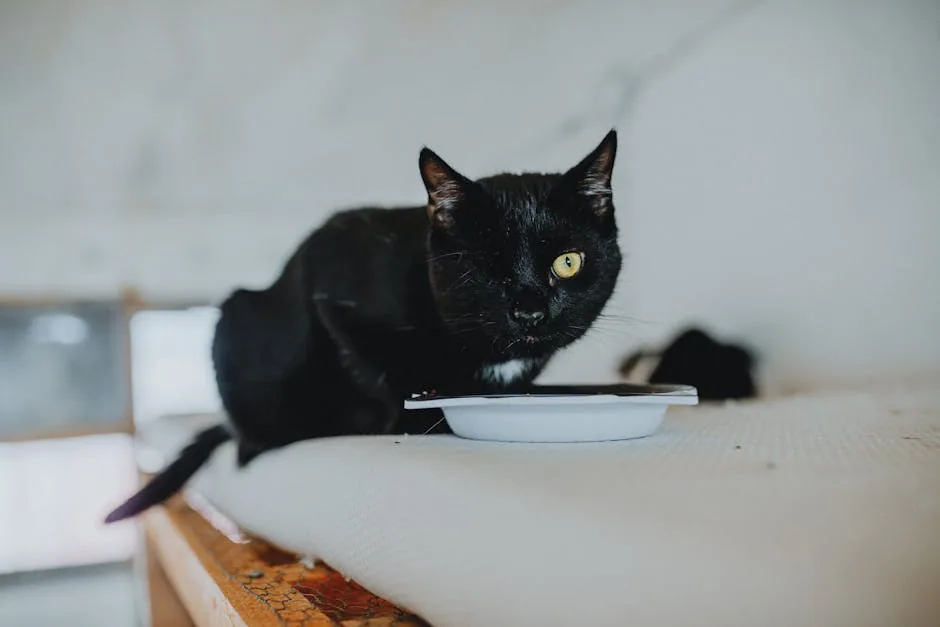 A black cat with bright yellow eyes eating wet food from a white bowl on a wooden floor.