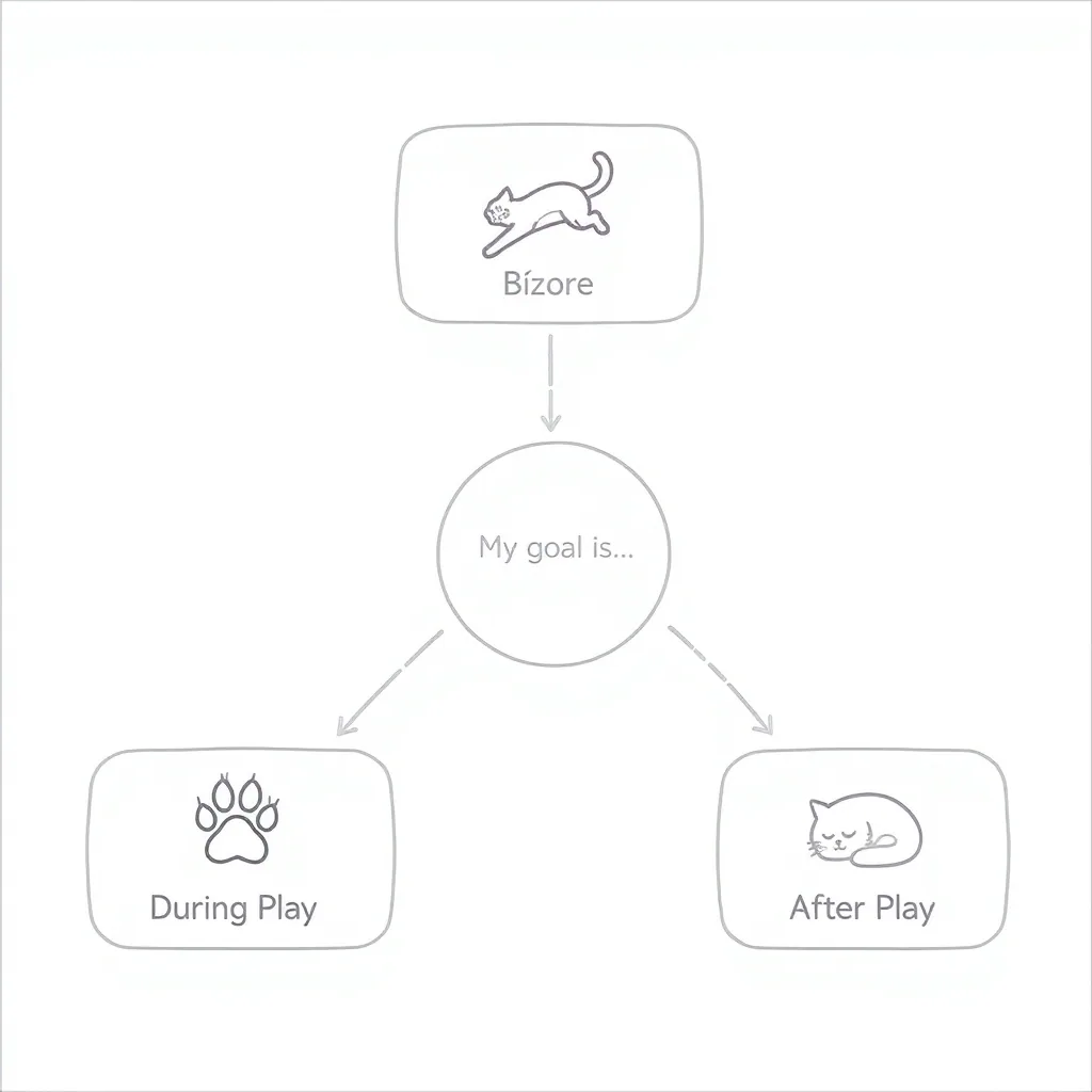 An illustration of a simple flowchart about cat play, with a thought bubble for the owner's goal and arrows pointing to three stages.