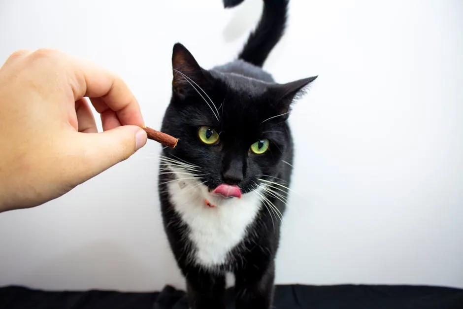 Close-up of an adorable black and white cat licking its lips while taking a treat from a person's hand.