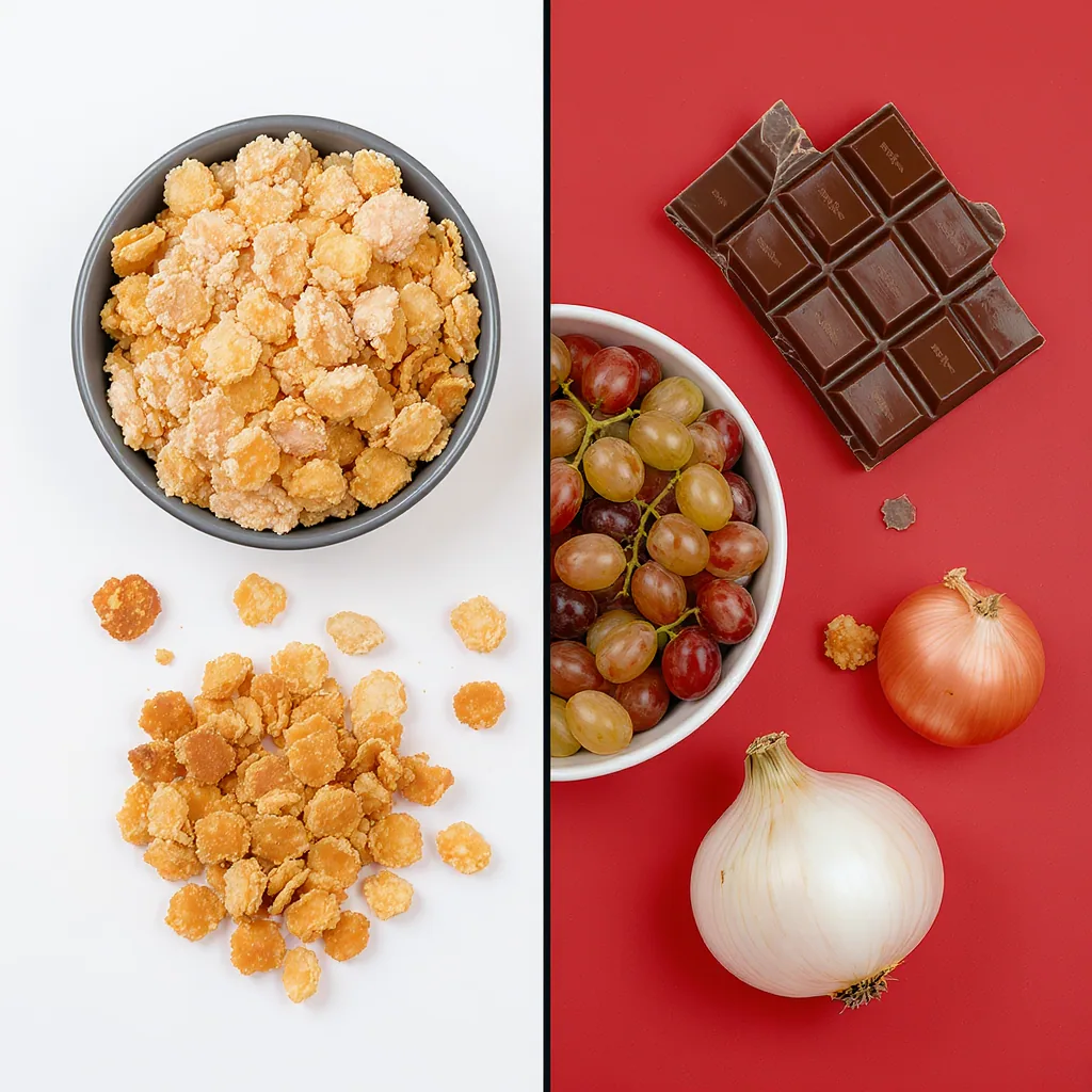 Split illustration showing safe cat treats like freeze-dried chicken on one side and dangerous foods like chocolate and grapes on the other.