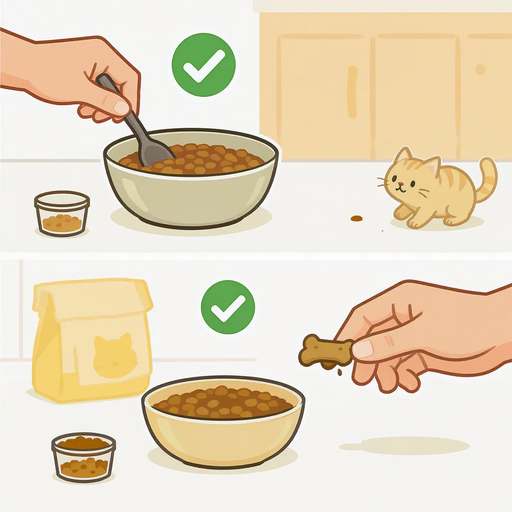 Illustration of a hand adding a topper to a bowl of cat food with a checkmark, and a separate panel showing a treat given during playtime.