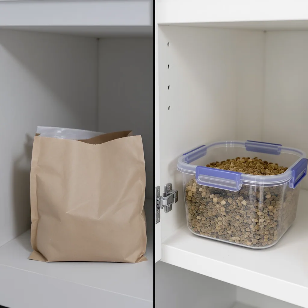 Split illustration: left side shows an open bag of cat food, right side shows food sealed in an airtight container inside a cupboard.