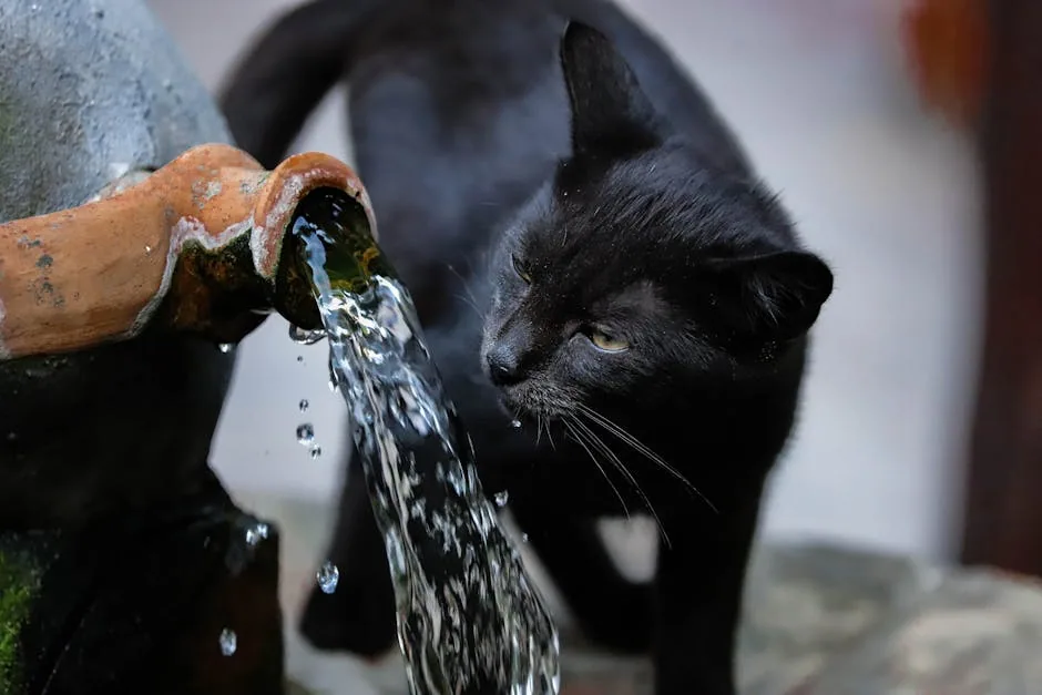 Close-up photo of a black cat drinking water from a stone fountain.