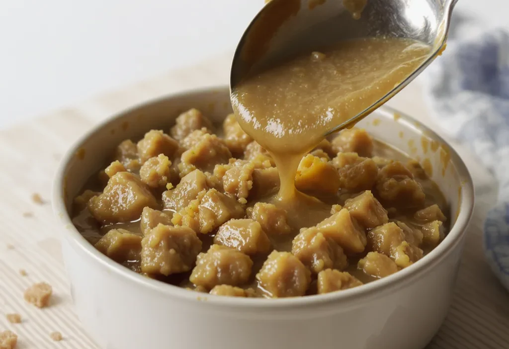 Close-up of high-quality wet cat food showing chunky meat pieces in savory gravy.