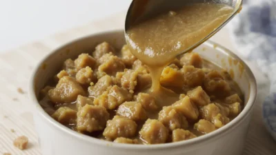 Close-up of high-quality wet cat food showing chunky meat pieces in savory gravy.
