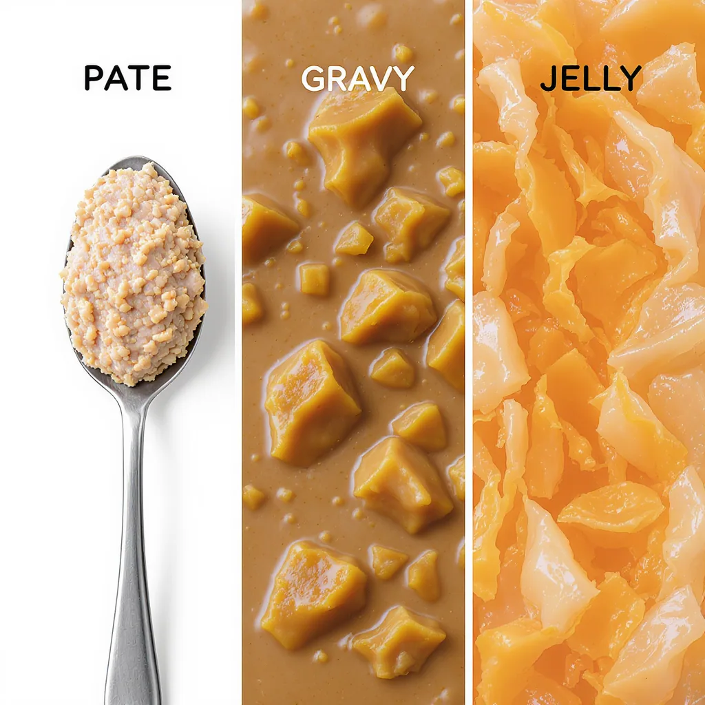 Illustration showing a spoonful of smooth pate, chunks of food in gravy, and shreds of food in jelly, arranged side-by-side.